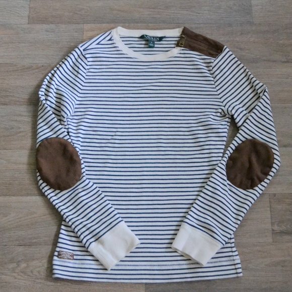 Ralph Lauren Striped Suede Elbow Patch Long Sleeve Size Small - Picture 1 of 7